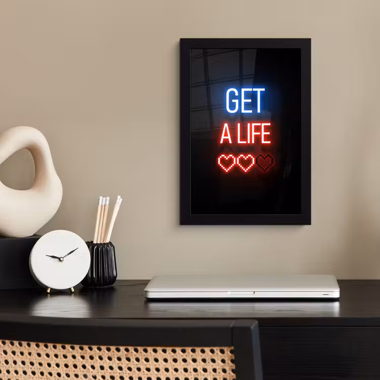 Poster met lijst - Gaming - Tekst - Get a life - Neon - Zwart — 3