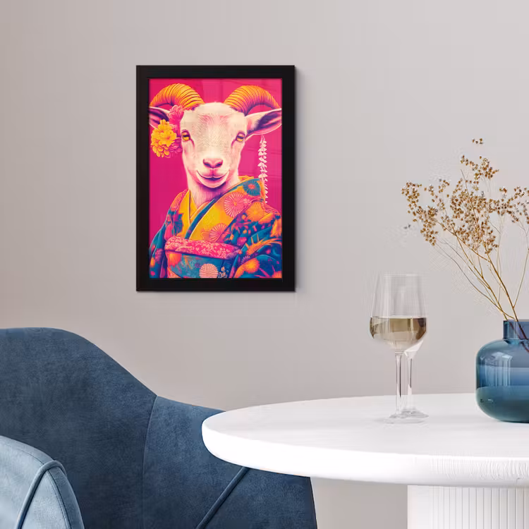 Poster met lijst - Geit - Hoorns - Kimono - Kleurrijk — 2