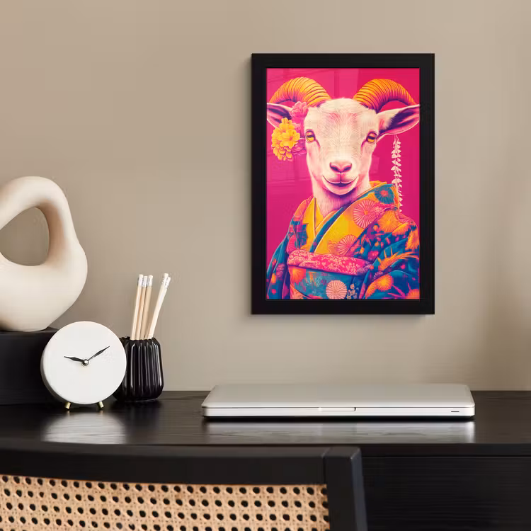 Poster met lijst - Geit - Hoorns - Kimono - Kleurrijk — 3