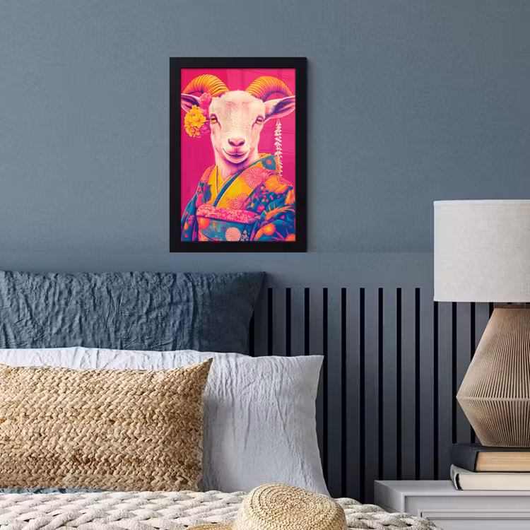 Poster met lijst - Geit - Hoorns - Kimono - Kleurrijk — 4