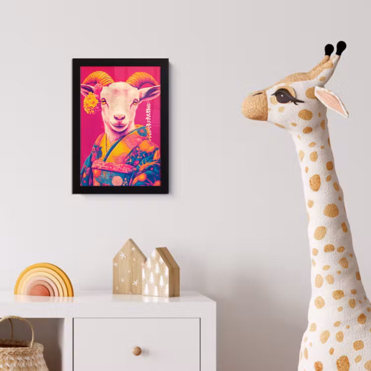 Poster met lijst - Geit - Hoorns - Kimono - Kleurrijk — 5