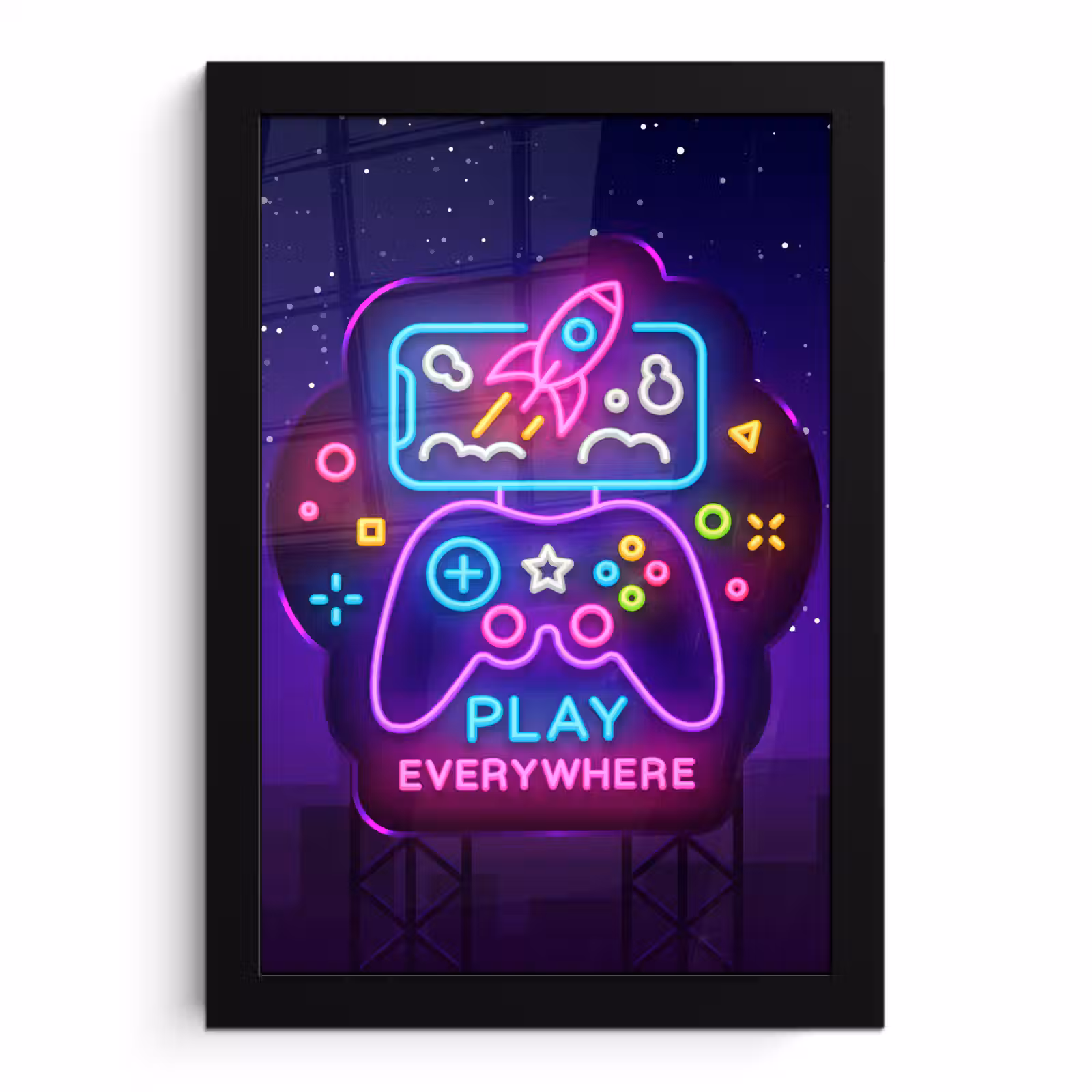 Poster met lijst - Gaming - Neon - Play - Blauw - Nacht - Controller — 1