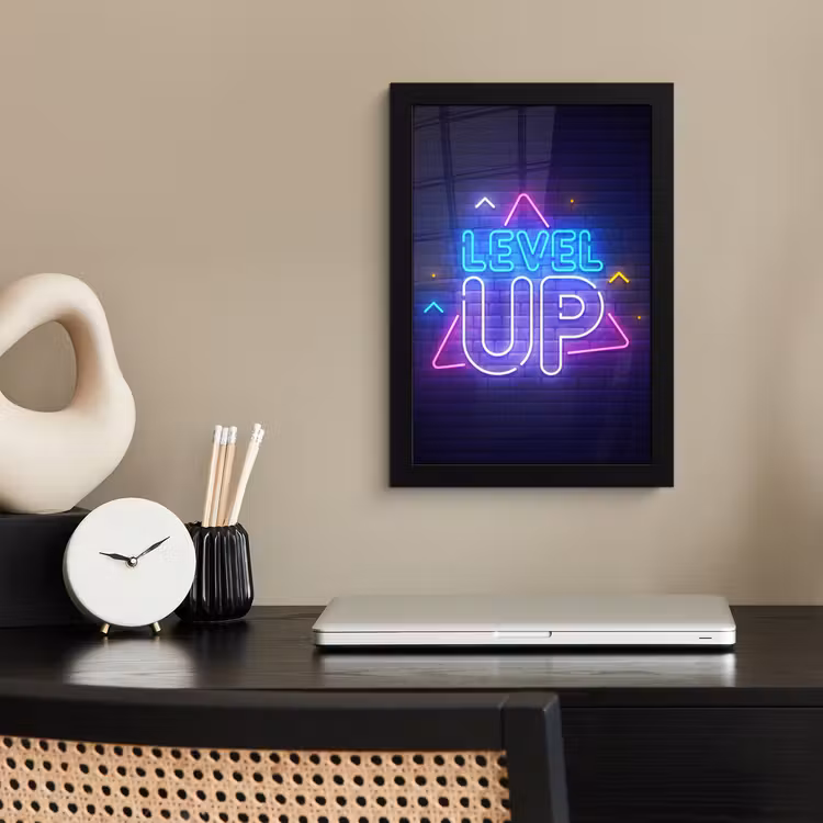 Poster met lijst - Gaming - Neon - Level Up - Quotes - Gamen — 3