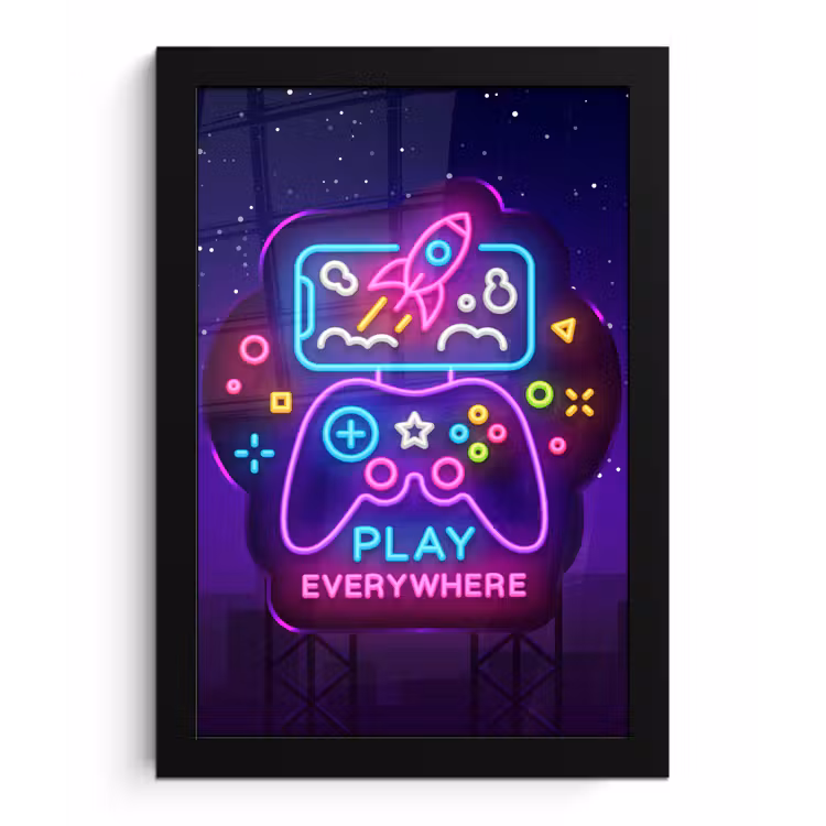 Poster met lijst - Gaming - Neon - Play - Blauw - Nacht - Controller — 1