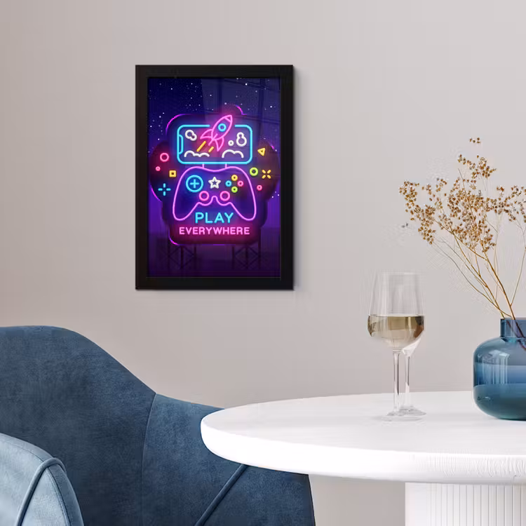 Poster met lijst - Gaming - Neon - Play - Blauw - Nacht - Controller — 2