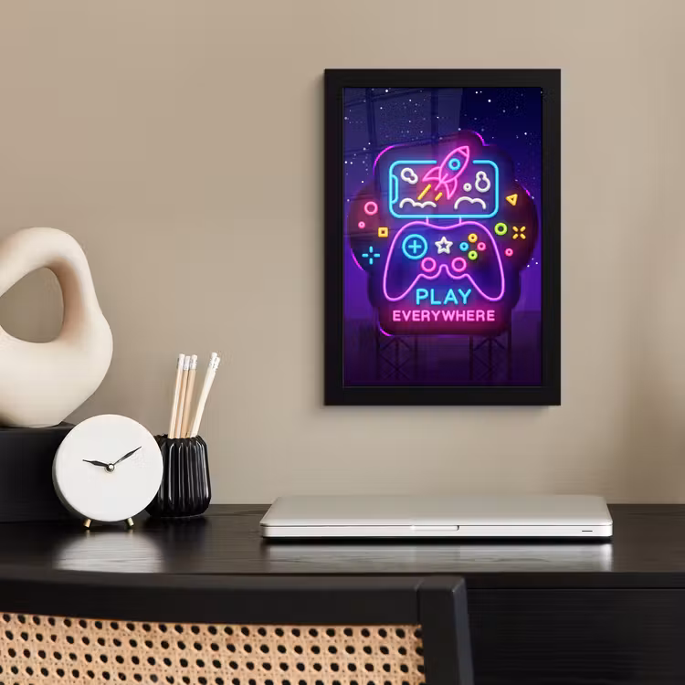 Poster met lijst - Gaming - Neon - Play - Blauw - Nacht - Controller — 3