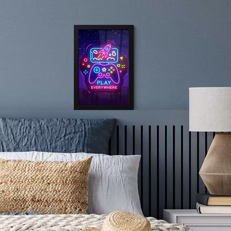 Poster met lijst - Gaming - Neon - Play - Blauw - Nacht - Controller — 4