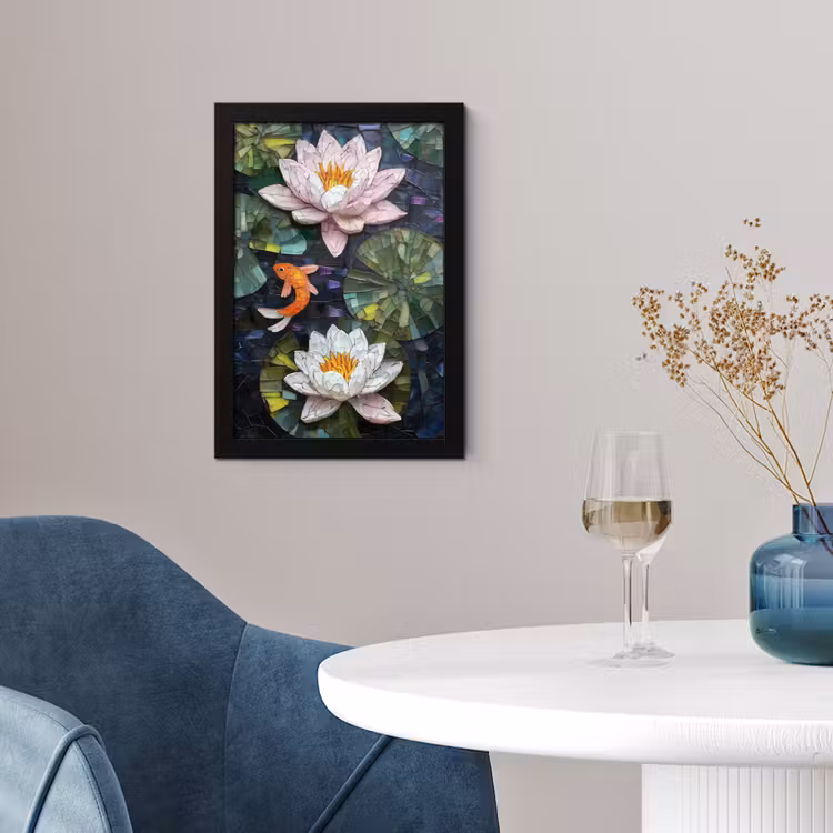 Poster met lijst - Glasstukjes - Leliebladeren - Vis - Oranje — 2