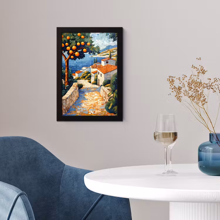 Poster met lijst - Huizen - Mozaïek - Sinaasappelbomen - Zee — 2