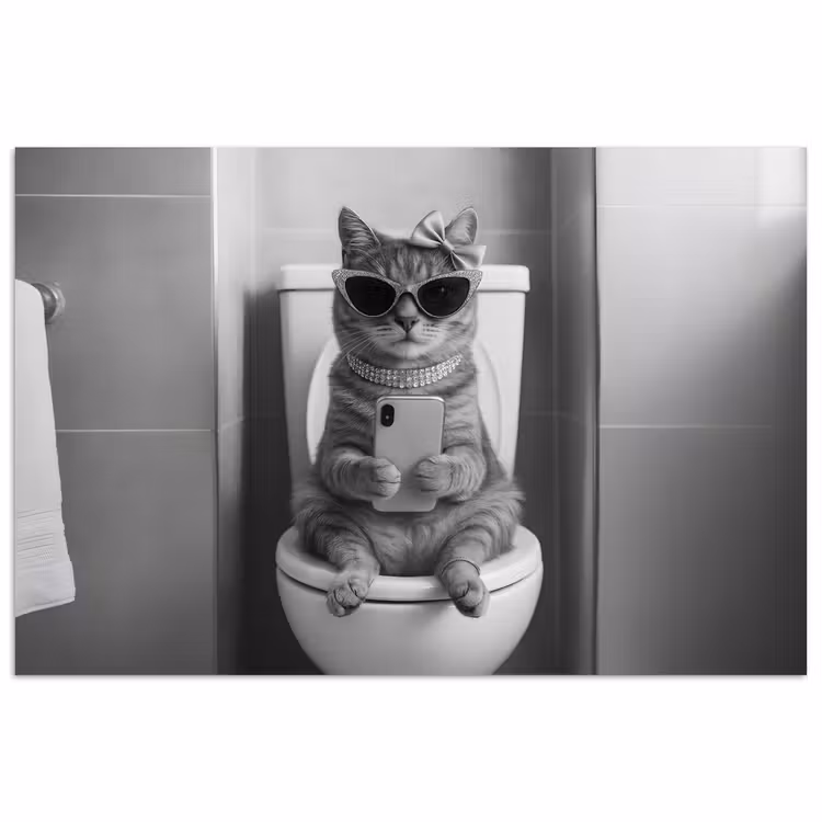 Poster - Kat - Telefoon - Toilet - Zwart - Wit — 1