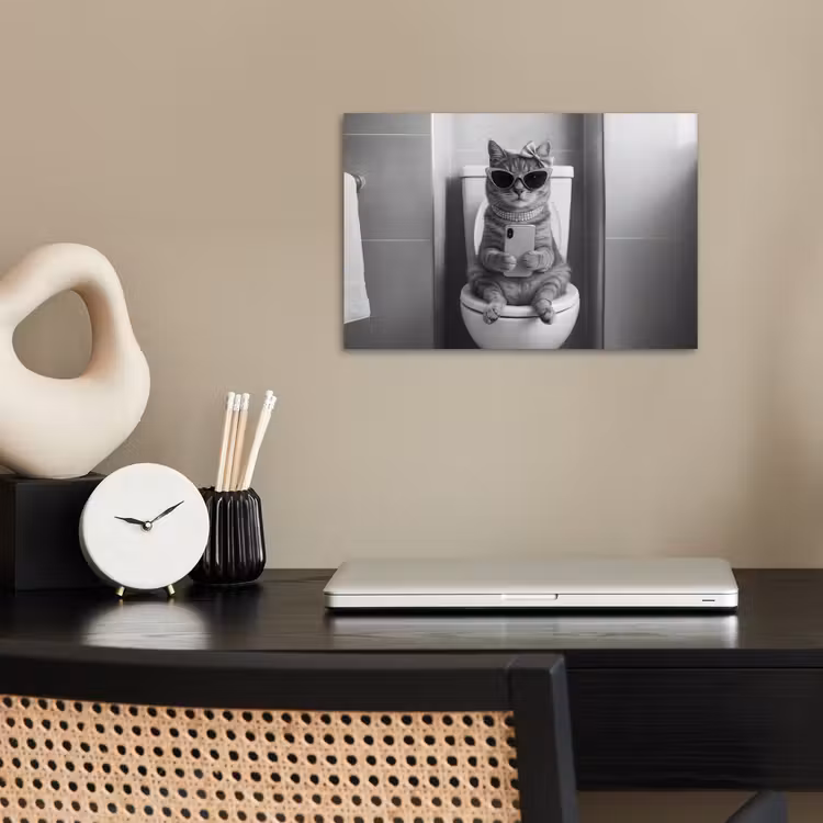 Poster - Kat - Telefoon - Toilet - Zwart - Wit — 2