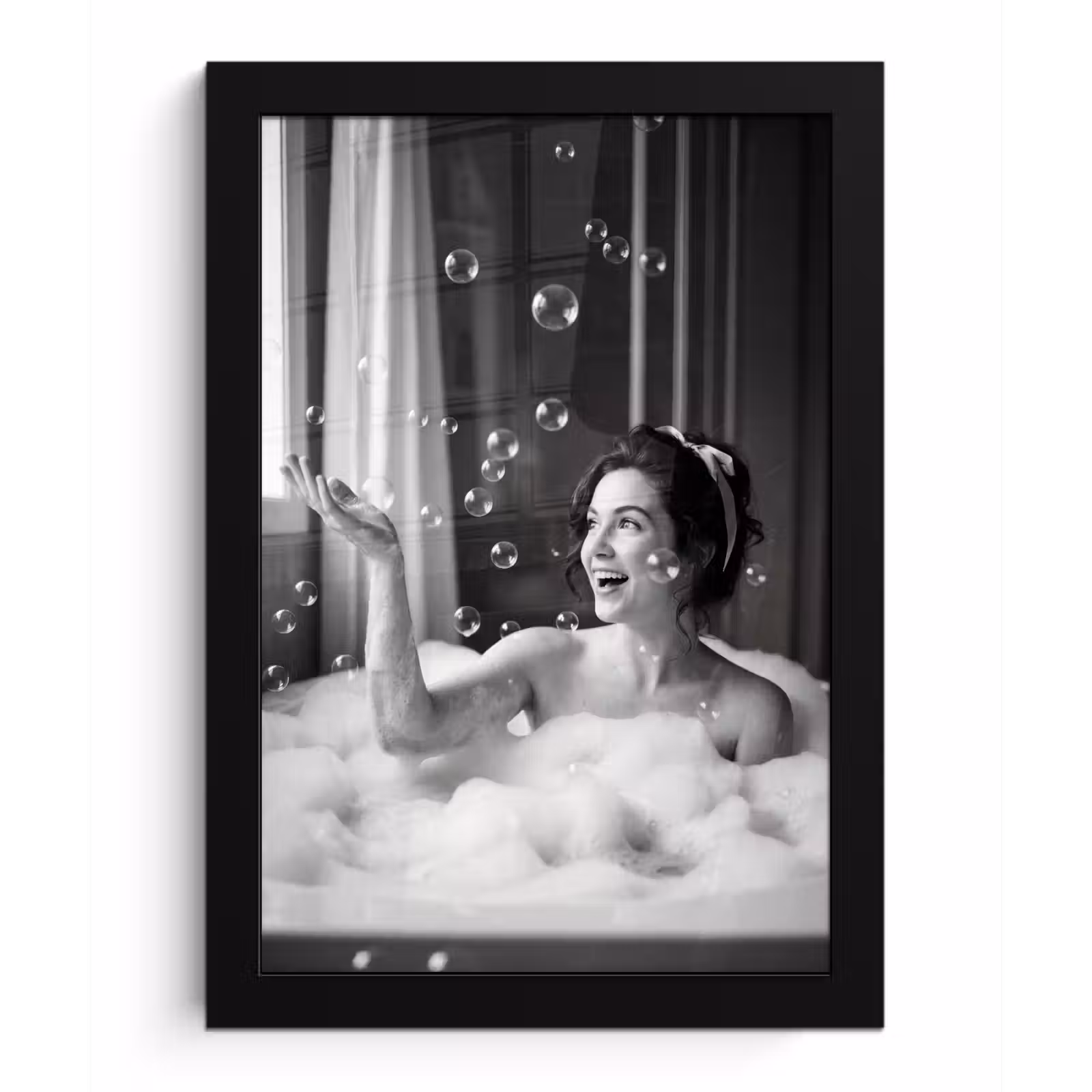 Poster met lijst - Bad - Bubbels - Zwart - Wit — 1