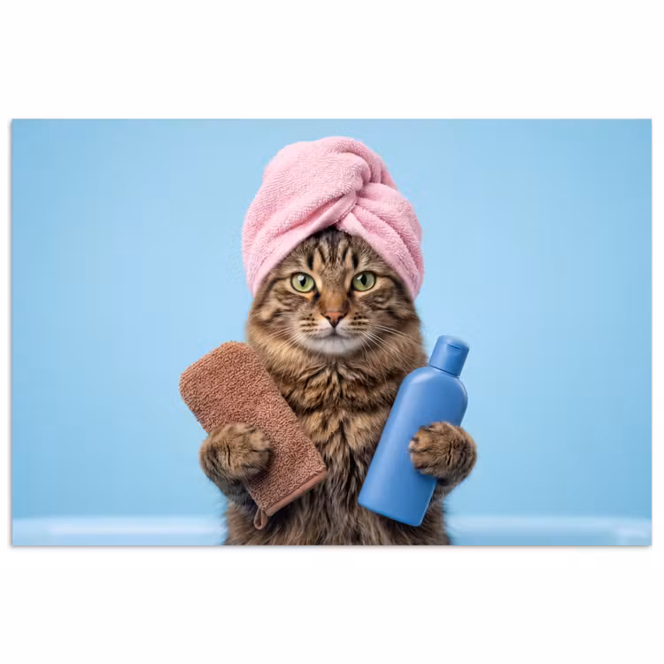 Poster - Kat - Handdoek - Washand - Zeep — 1