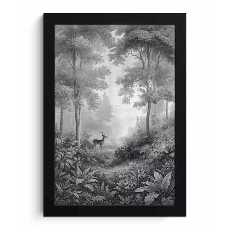 Poster met lijst - Bos - Hert - Zwart - Wit — 1