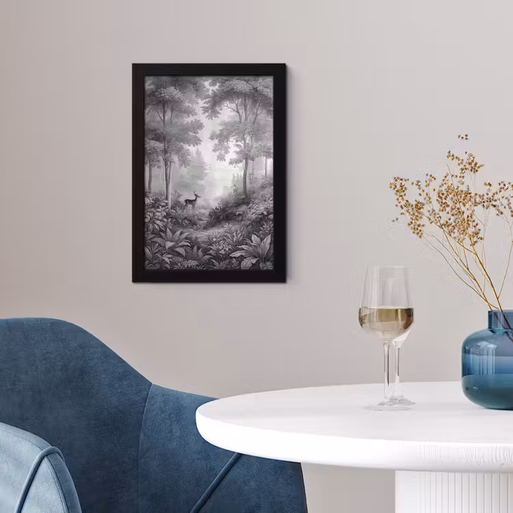 Poster met lijst - Bos - Hert - Zwart - Wit — 2
