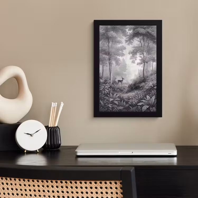 Poster met lijst - Bos - Hert - Zwart - Wit — 3