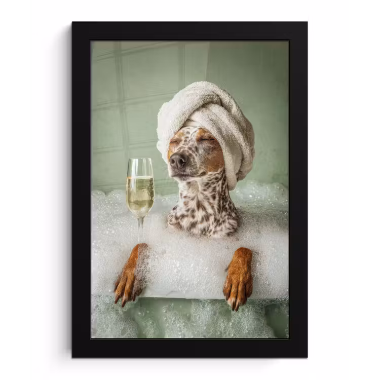 Poster met lijst - Hond - Bad - Champagne - Handdoek — 1