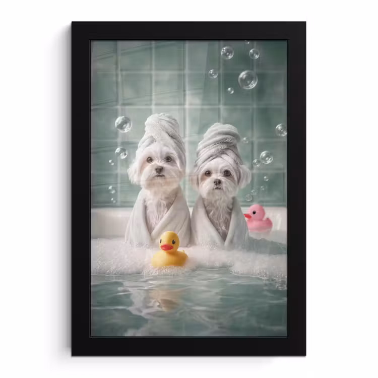 Poster met lijst - Hondjes - Badkuip - Badeendjes - Handdoeken — 1