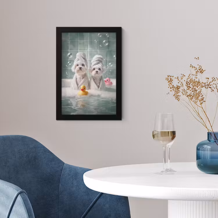 Poster met lijst - Hondjes - Badkuip - Badeendjes - Handdoeken — 2