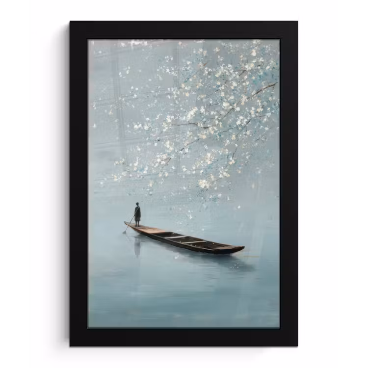 Poster met lijst - Bloesems - Minimalistisch - Wateroppervlak - Boot — 1