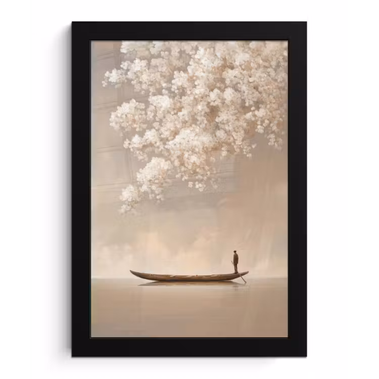 Poster met lijst - Bloesems - Wit - Boot - Minimalistisch — 1