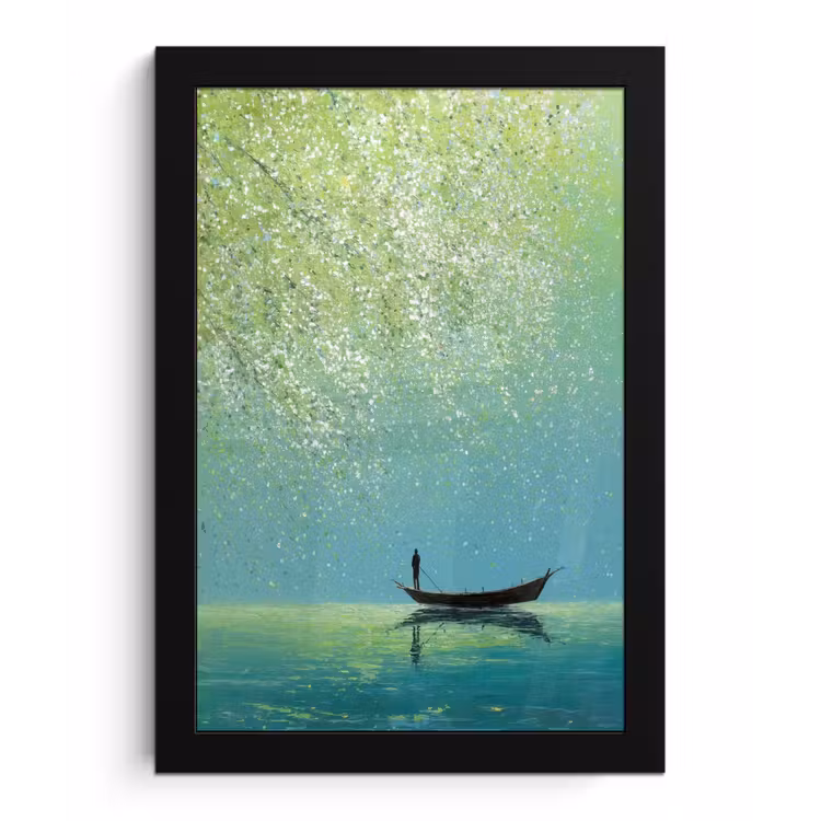 Poster met lijst - Bootje - Water - Bladeren - Bloesems — 1