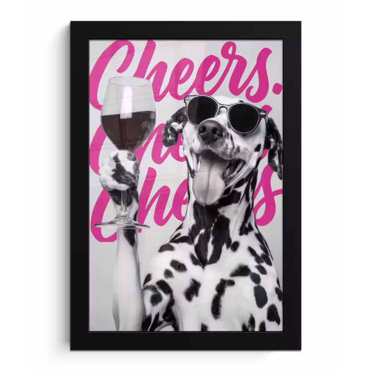 Poster met lijst - Cheers - Hond - Roze - Wijn — 1