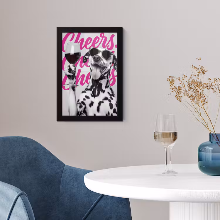 Poster met lijst - Cheers - Hond - Roze - Wijn — 2