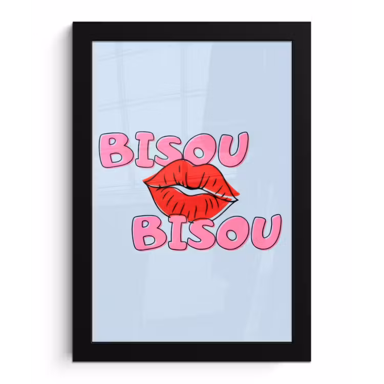 Poster met lijst - Bisou - Blauw - Roze - Lippen — 1