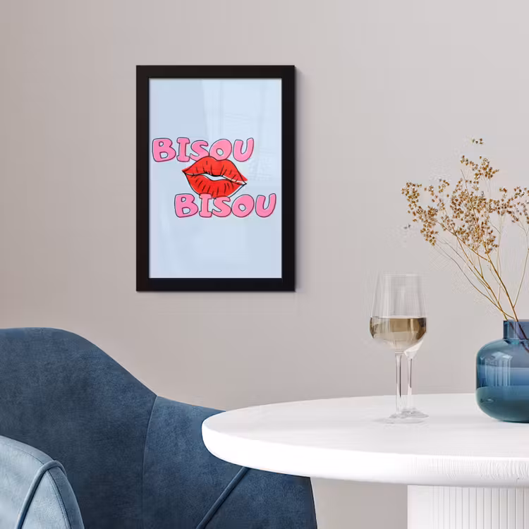 Poster met lijst - Bisou - Blauw - Roze - Lippen — 2