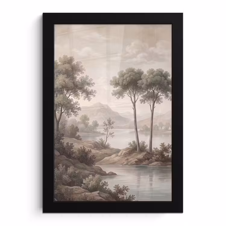 Poster met lijst - Bomen - Meer - Bergen - Illustratie — 1