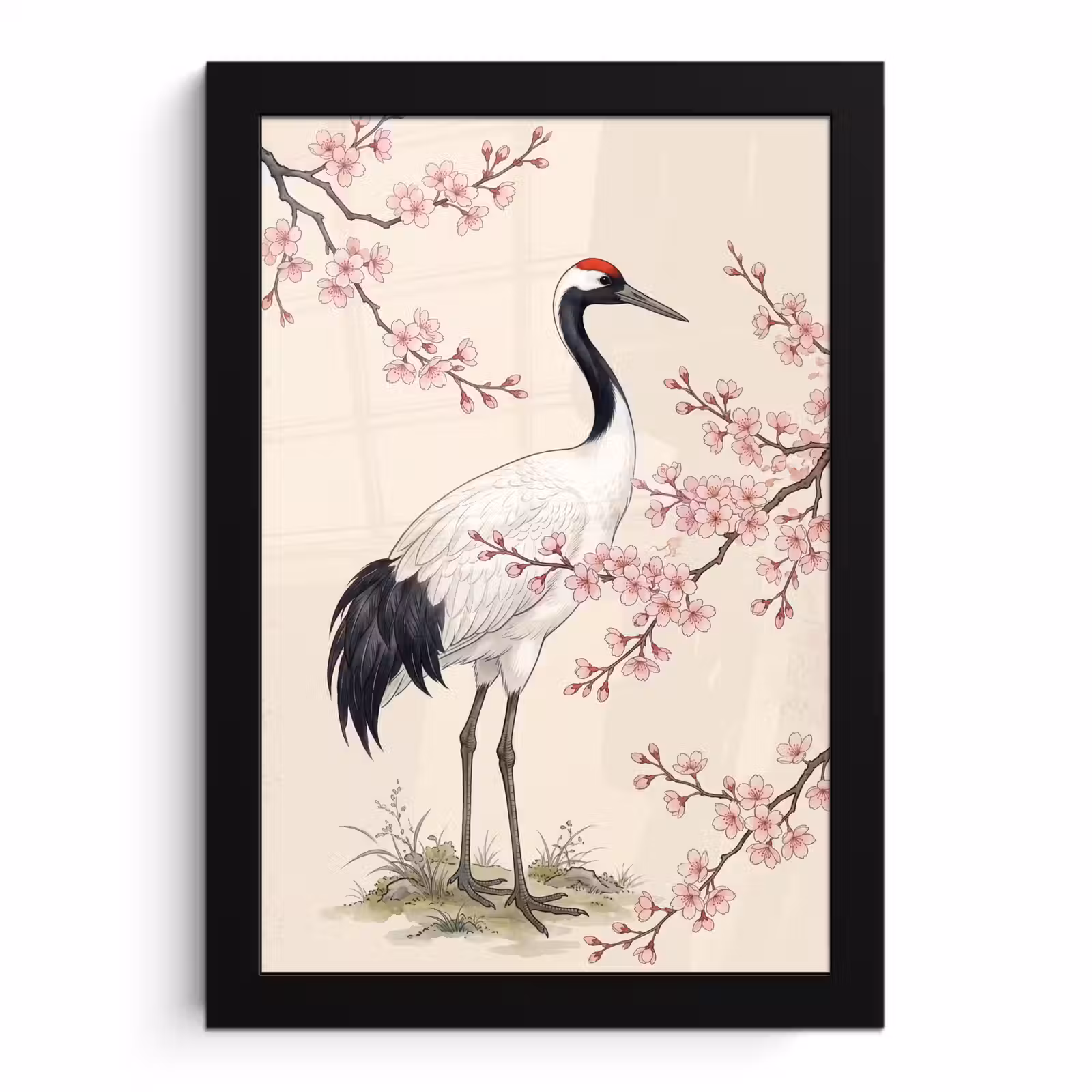 Poster met lijst - Aziatisch - Kraanvogel - Beige — 1