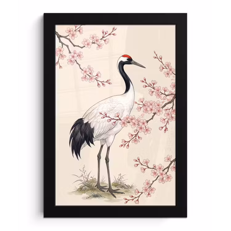Poster met lijst - Aziatisch - Kraanvogel - Beige — 1