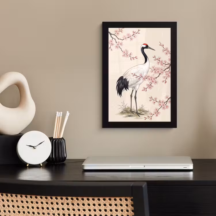 Poster met lijst - Aziatisch - Kraanvogel - Beige — 3