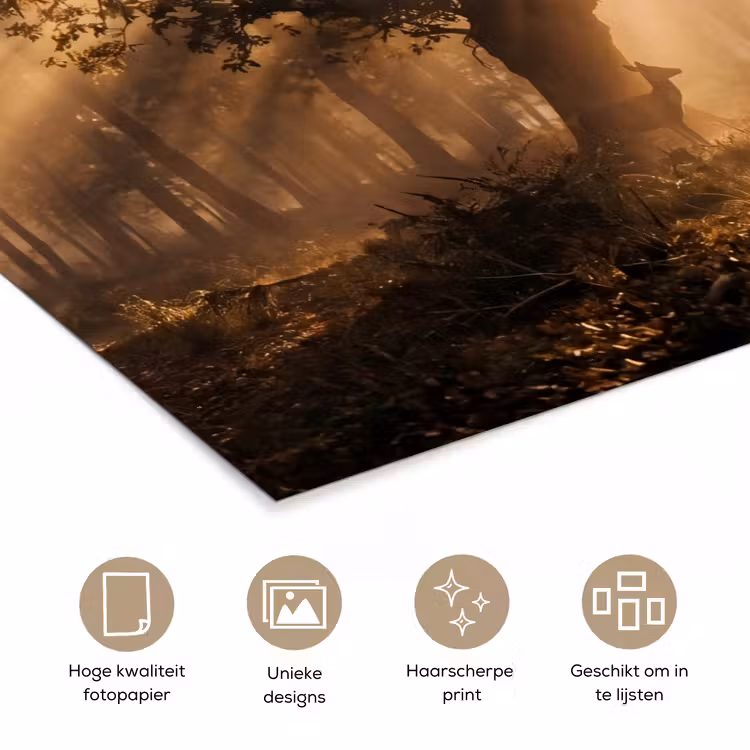 Poster - Hert - Bos - Mistig - Natuur - Goud — 5