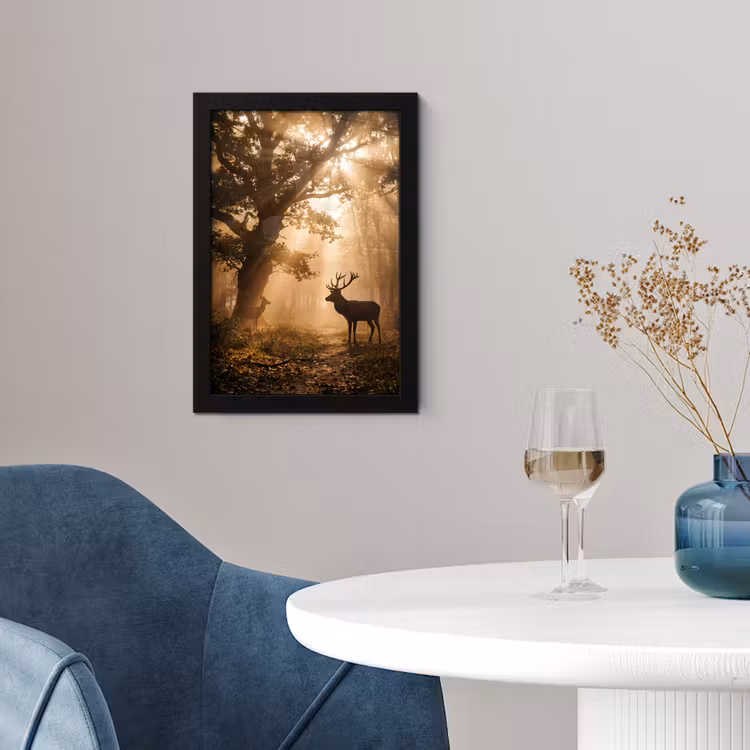 Poster met lijst - Hert - Bos - Mistig - Natuur - Goud — 2