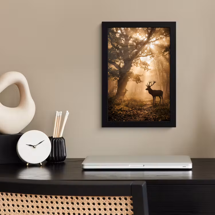 Poster met lijst - Hert - Bos - Mistig - Natuur - Goud — 3