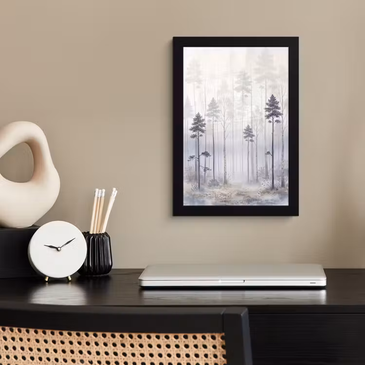 Poster met lijst - Bos - Bomen - Mist - Natuur - Illustratie - Grijs — 3