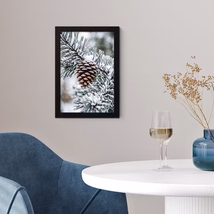 Poster met lijst - Dennenappel - Tak - Sneeuw - Winter - Sfeervol — 2