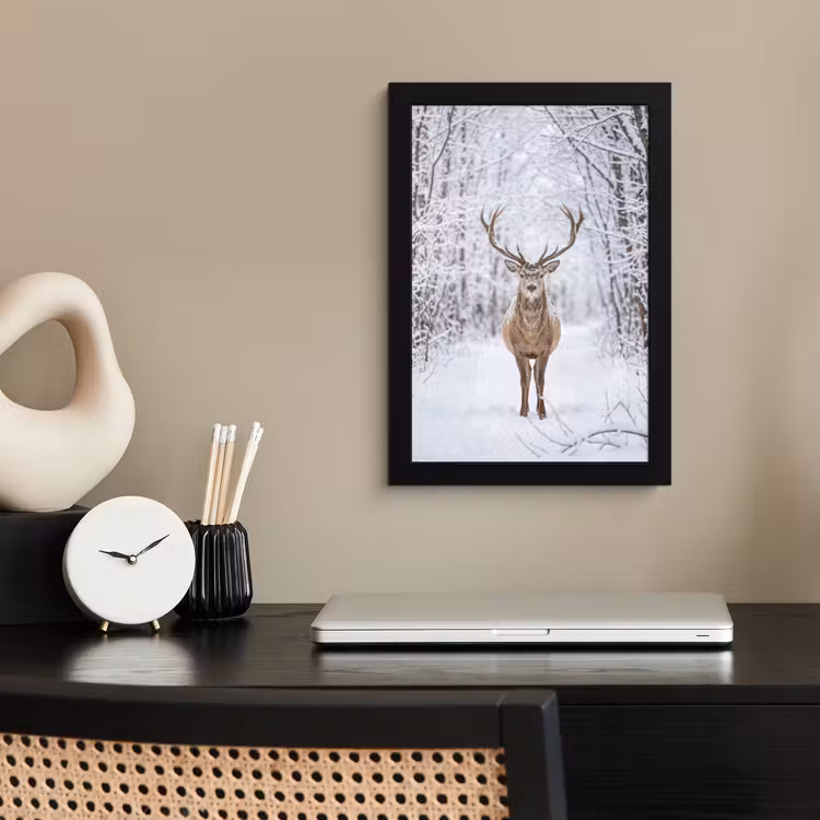 Poster met lijst - Hert - Winter - Bos - Natuur - Wit — 3
