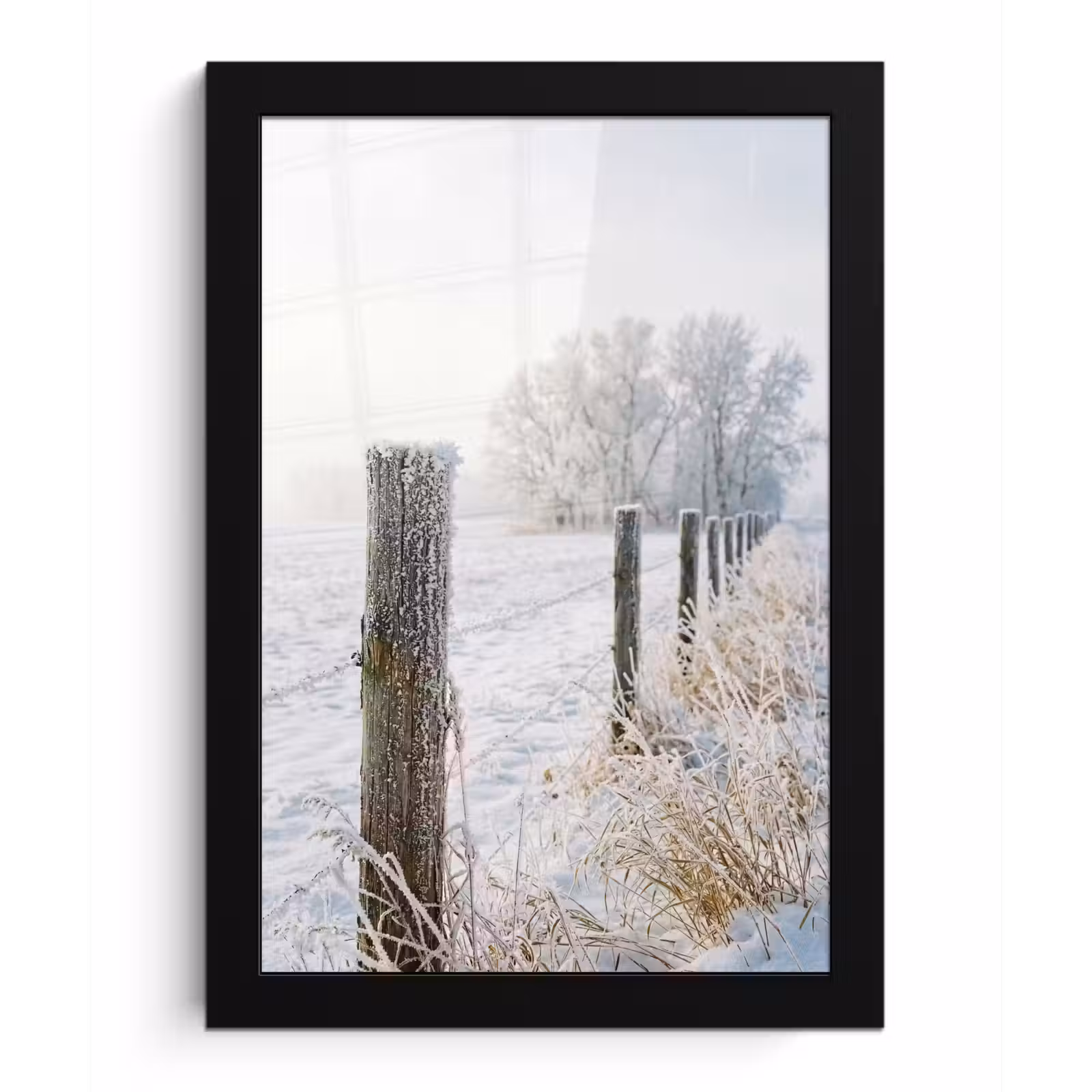 Poster met lijst - Hek - Sneeuw - Mist - Platteland - Nostalgisch — 1