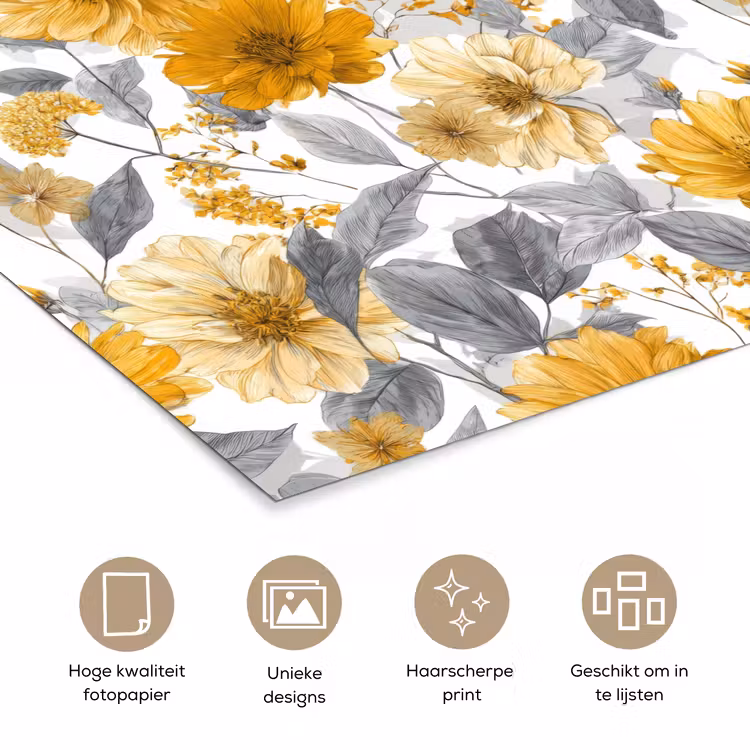 Poster - Bloemen - Botanisch - Elegant - Okergeel - Grijs — 5