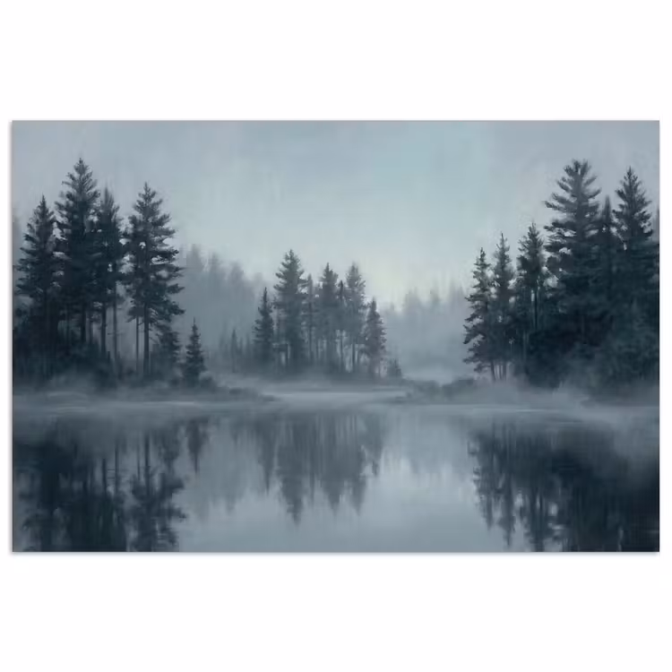 Poster - Bos - Meer - Mist - Natuur - Grijs — 1