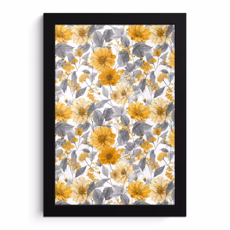 Poster met lijst - Bloemen - Botanisch - Elegant - Okergeel - Grijs — 1