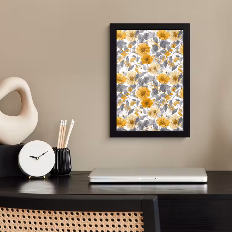 Poster met lijst - Bloemen - Botanisch - Elegant - Okergeel - Grijs — 3