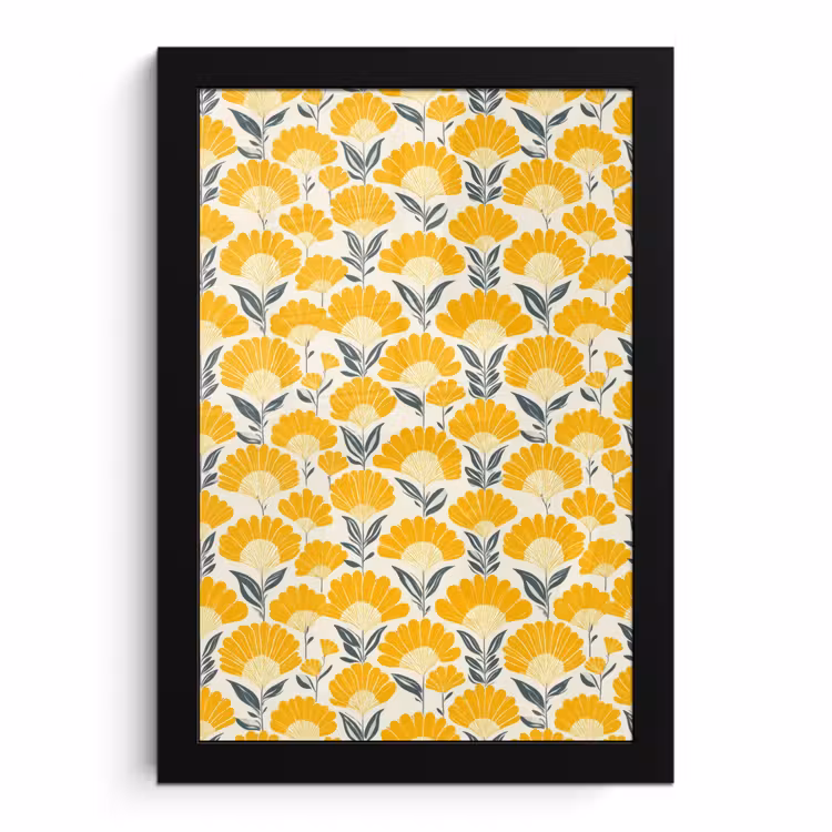 Poster met lijst - Bloemen - Retro - Botanisch - Okergeel - Grijs — 1