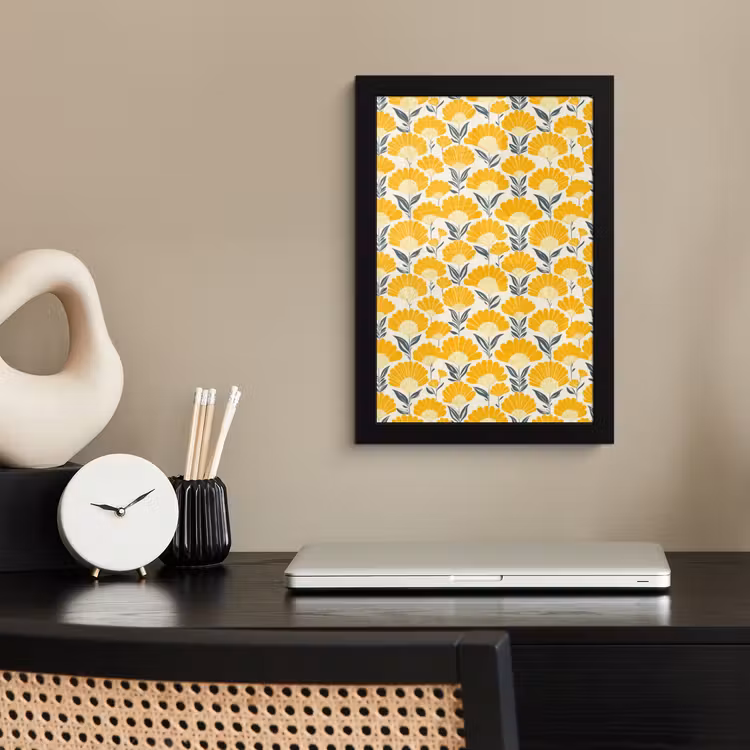 Poster met lijst - Bloemen - Retro - Botanisch - Okergeel - Grijs — 3