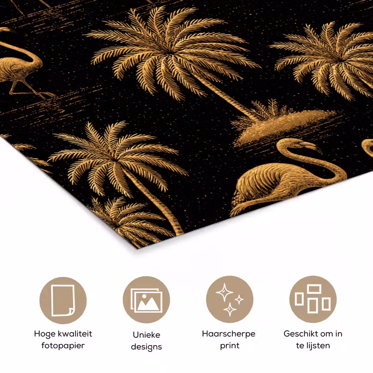 Poster - Flamingo - Palmbomen - Tropisch - Goud - Zwart — 5