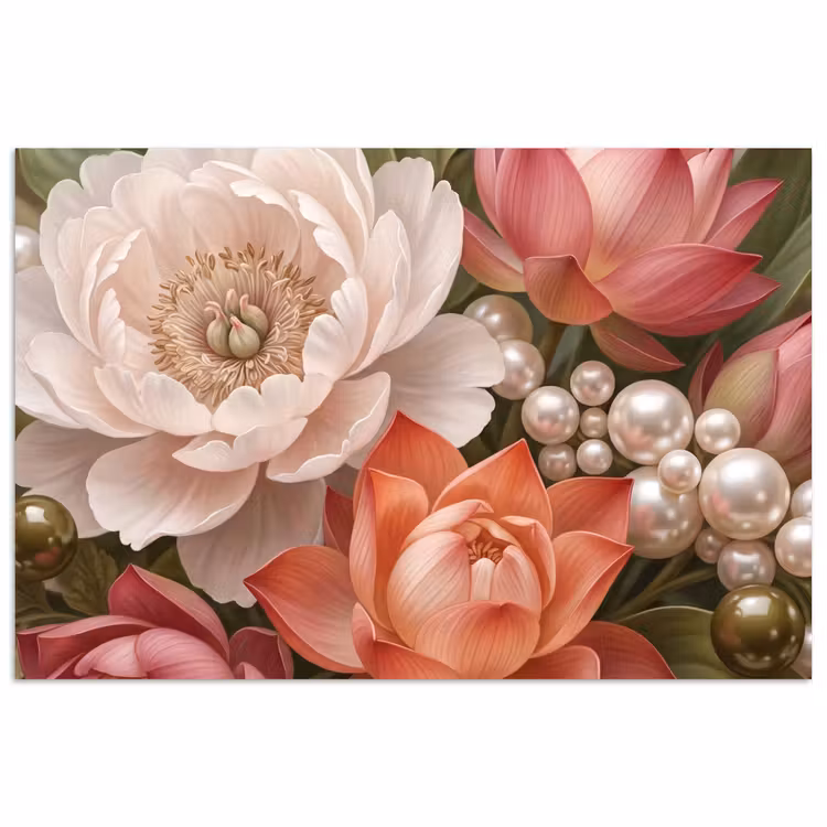 Poster - Bloemen - Parels - Elegant - Roze - Wit — 1