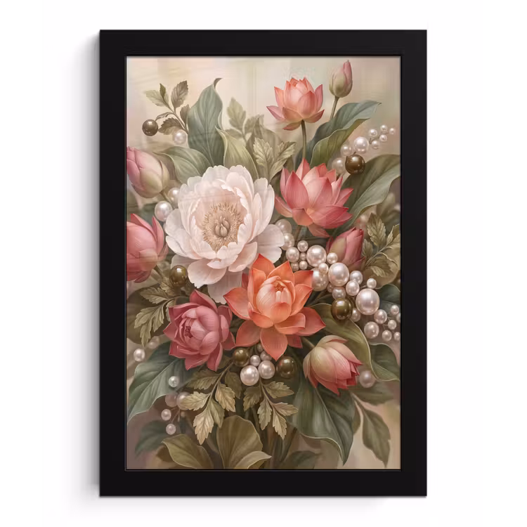 Poster met lijst - Bloemen - Parels - Elegant - Roze - Wit — 1